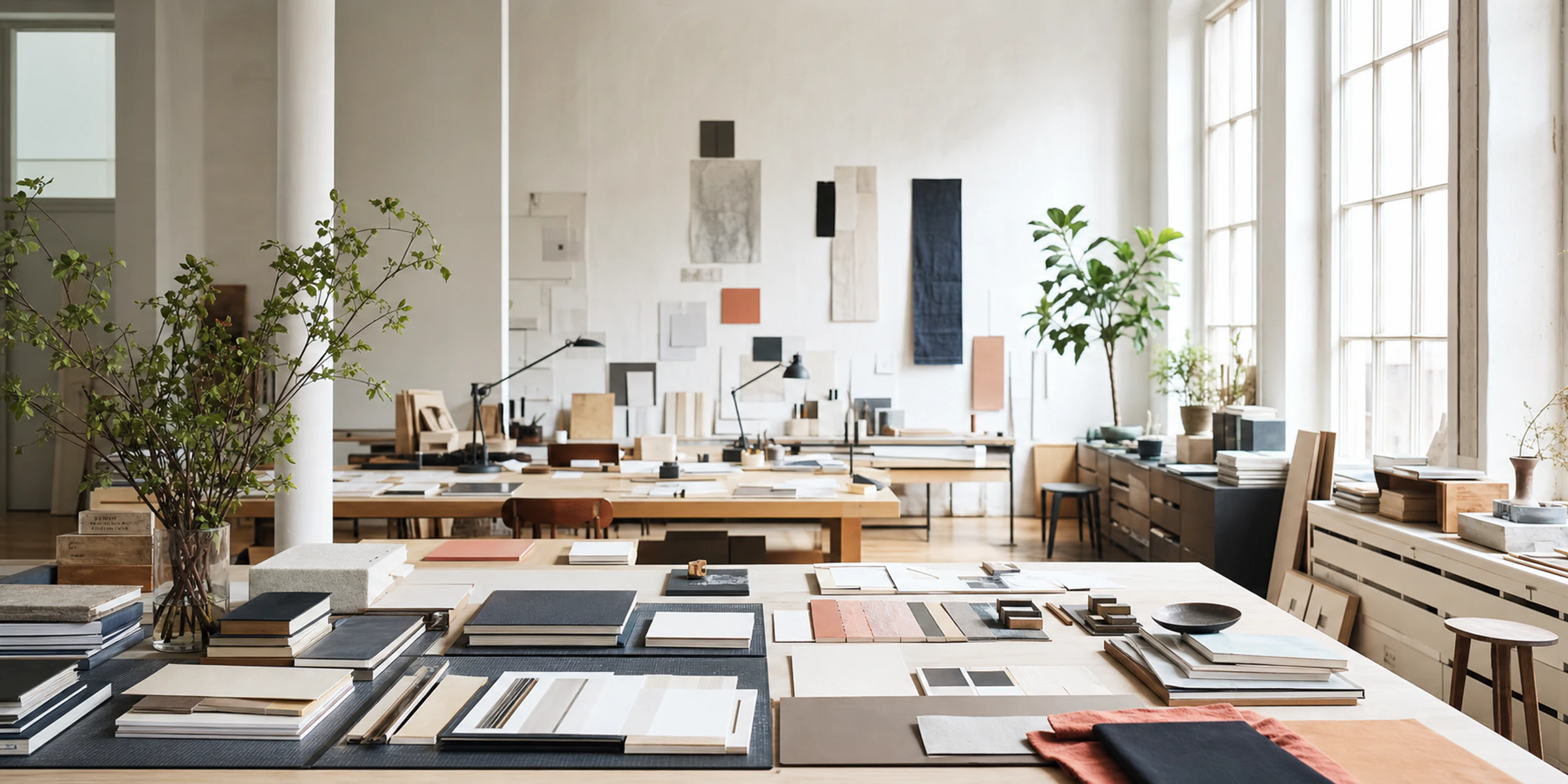 Studio workspace with materials and project work in progress